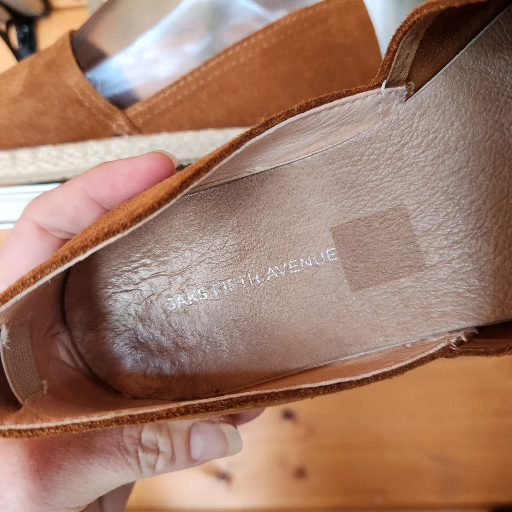 Saks Fifth Avenue Asi Cognac Brown Leather D'Orsay Espadrille Shoes Flats Sz‎ 36